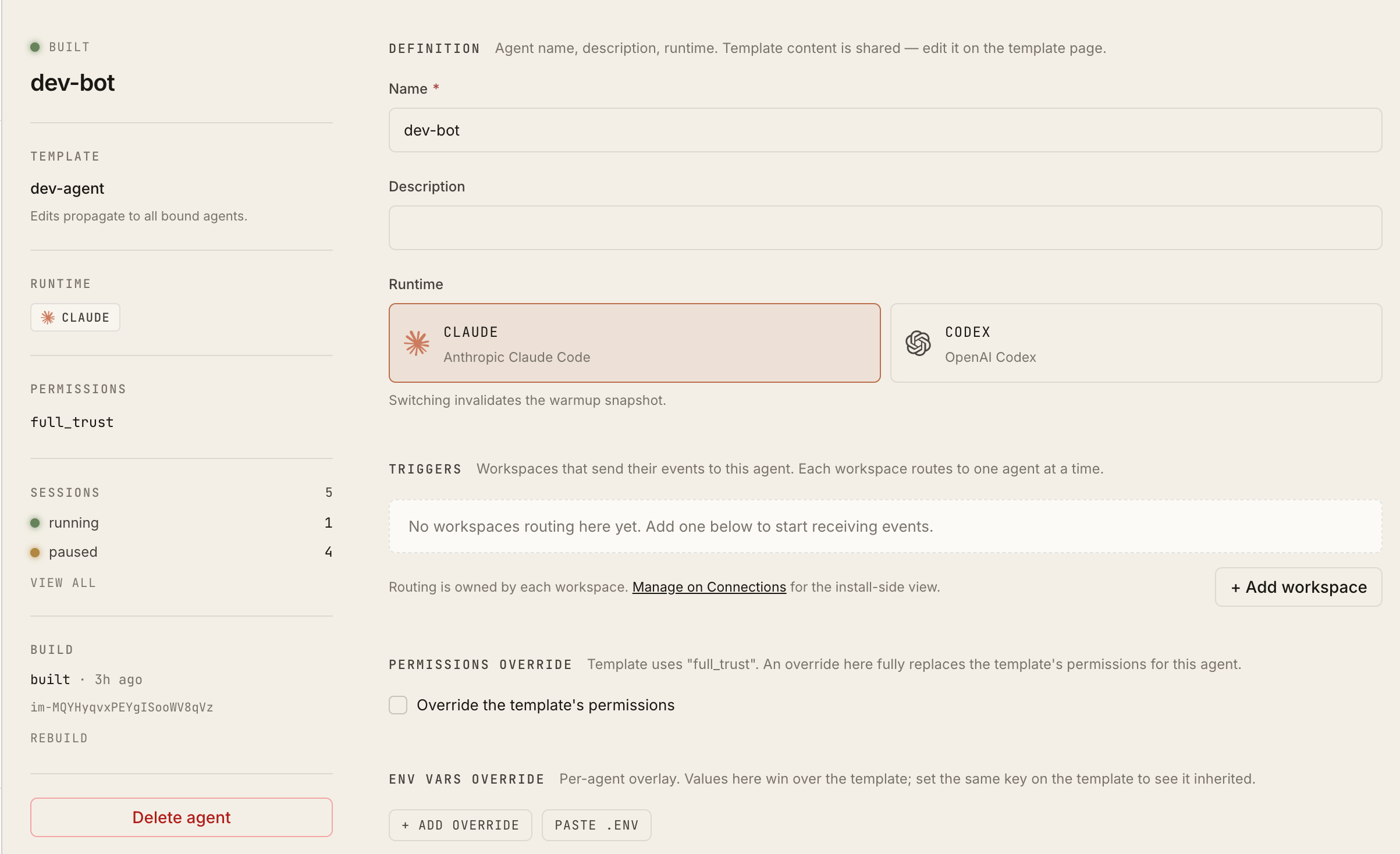 The agent config screen: Claude runtime, repo, skills, triggers, and permissions in one place