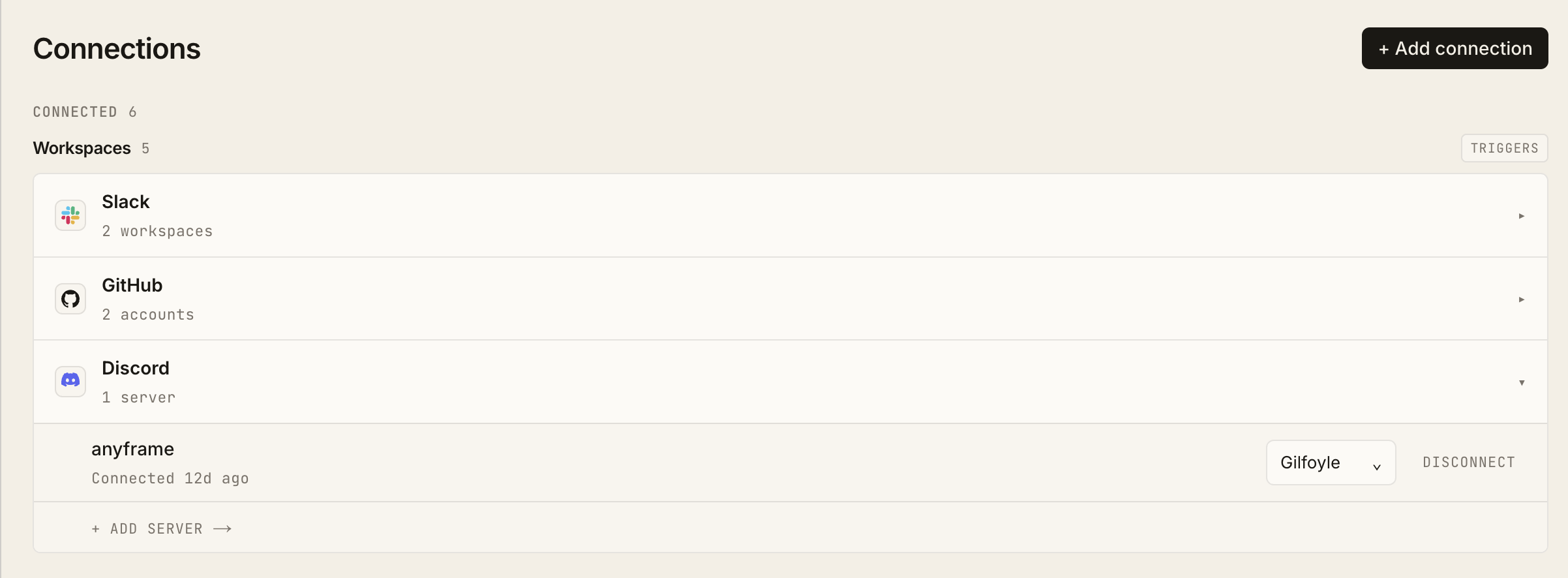 The Discord integration in AnyFrame: the anyframe server connected and pointed at the Gilfoyle agent