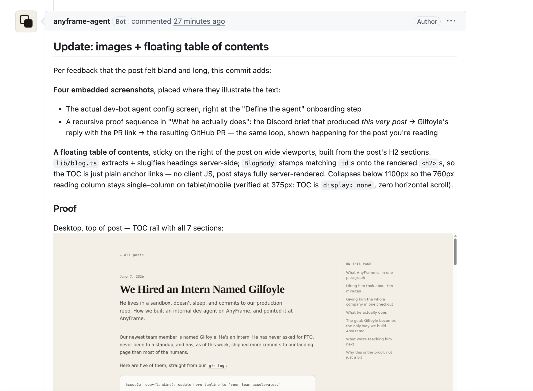 A GitHub pull request comment from Gilfoyle listing what changed and embedding a screenshot as proof