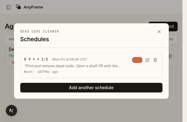 The schedule modal Gilfoyle built: a Dead Code Cleaner agent set to run weekdays at 9am UTC and open a draft PR